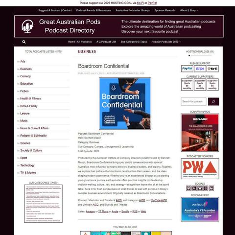 Boardroom Confidential   
Screenshot of the podcast listing on the Great Australian Pods website
