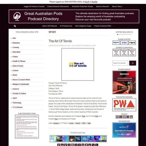 The Art Of Tennis
Screenshot of the podcast listing on the Great Australian Pods website