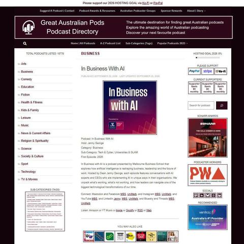 In Business With AI
Screenshot of the podcast listing on the Great Australian Pods website