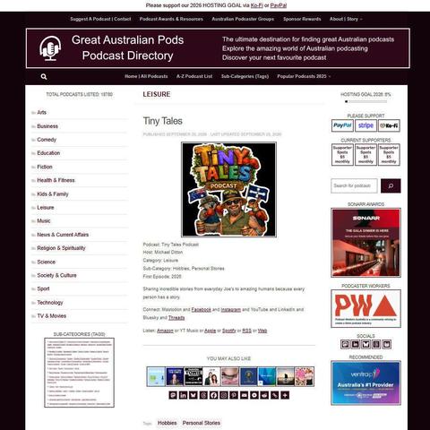 Tiny Tales Podcast   
Screenshot of the podcast listing on the Great Australian Pods website