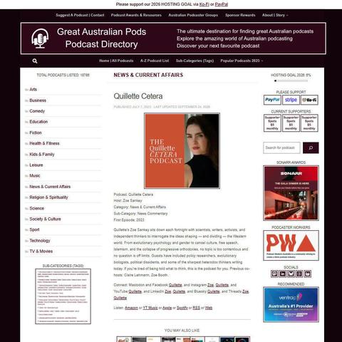 Quillette Cetera   
Screenshot of the podcast listing on the Great Australian Pods website