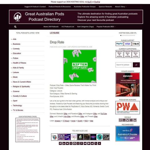 Drop Rate - Video Game Reviews That'll Make You Think   
Screenshot of the podcast listing on the Great Australian Pods website