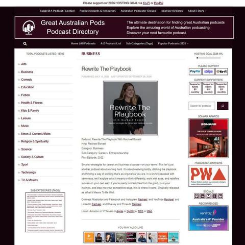 Rewrite The Playbook With Rachael Bonetti   
Screenshot of the podcast listing on the Great Australian Pods website