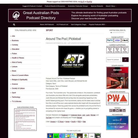 Around The Pod | Pickleball Podcast   
Screenshot of the podcast listing on the Great Australian Pods website