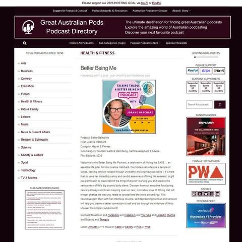 Better Being Me   
Screenshot of the podcast listing on the Great Australian Pods website