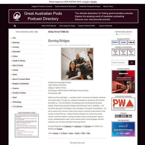 Burning Bridges Podcast   
Screenshot of the podcast listing on the Great Australian Pods website