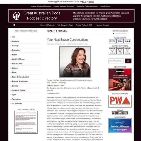 Your Next Space Conversations With Stephanie Cannalonga
Screenshot of the podcast listing on the Great Australian Pods website