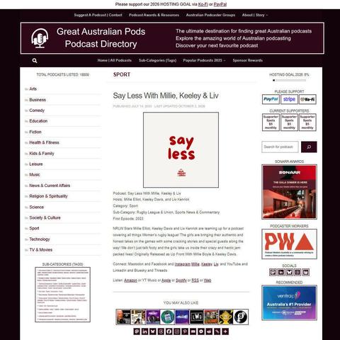 Say Less With Millie, Keeley & Liv   
Screenshot of the podcast listing on the Great Australian Pods website