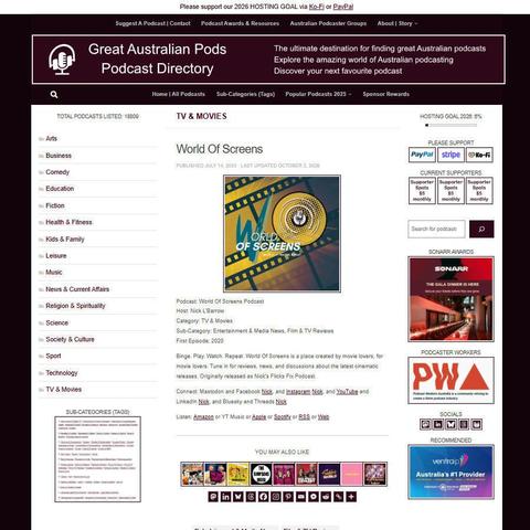 World Of Screens Podcast   
Screenshot of the podcast listing on the Great Australian Pods website