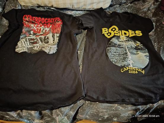BSides Canberra t-shirts from 2020 and 2024