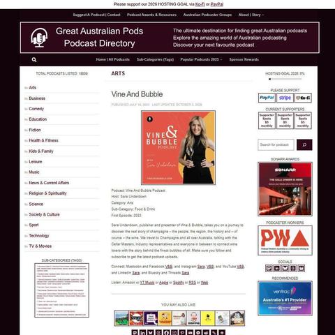 Vine And Bubble Podcast   
Screenshot of the podcast listing on the Great Australian Pods website