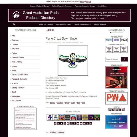 Plane Crazy Down Under   
Screenshot of the podcast listing on the Great Australian Pods website