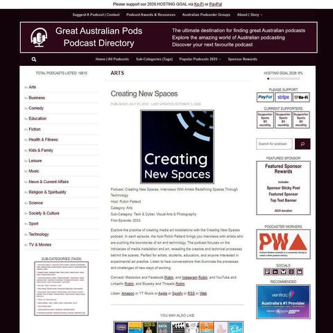 Creating New Spaces: Interviews With Artists Redefining Spaces Through Technology   
Screenshot of the podcast listing on the Great Australian Pods website