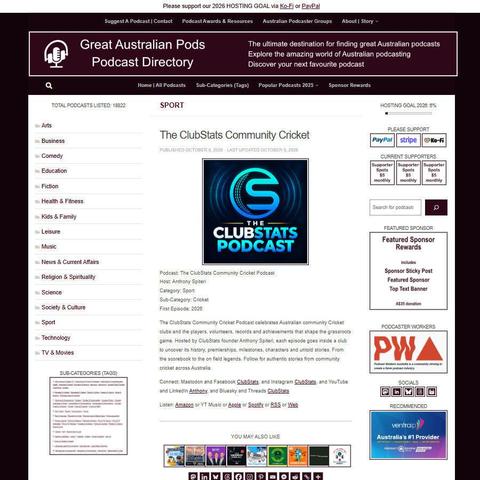The ClubStats Community Cricket Podcast   
Screenshot of the podcast listing on the Great Australian Pods website