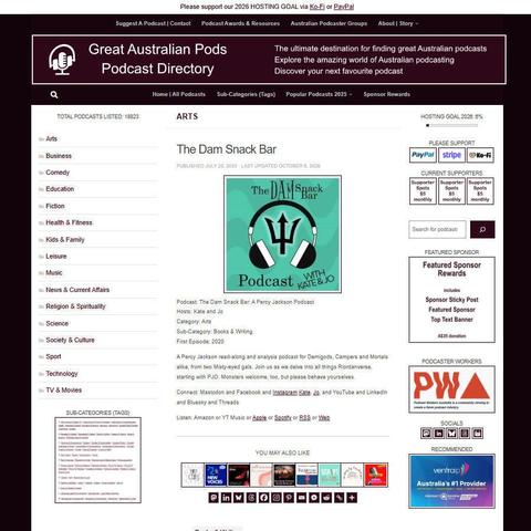 The Dam Snack Bar: A Percy Jackson Podcast   
Screenshot of the podcast listing on the Great Australian Pods website