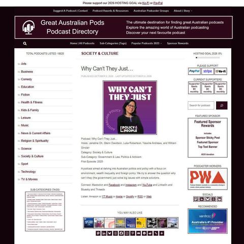 Why Can't They Just...   
Screenshot of the podcast listing on the Great Australian Pods website
