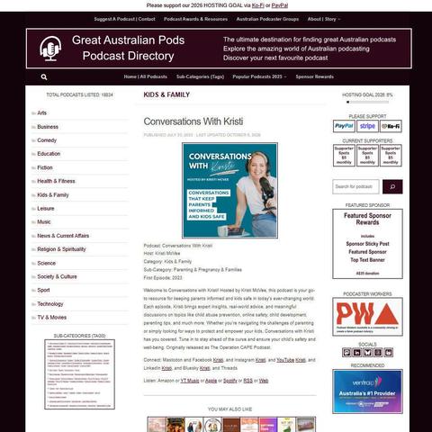 Conversations With Kristi
Screenshot of the podcast listing on the Great Australian Pods website