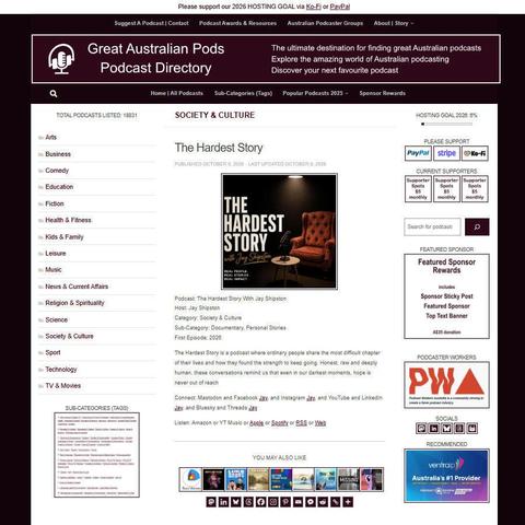 The Hardest Story With Jay Shipston   
Screenshot of the podcast listing on the Great Australian Pods website