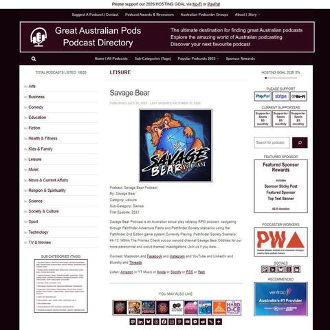 Savage Bear Podcast   
Screenshot of the podcast listing on the Great Australian Pods website