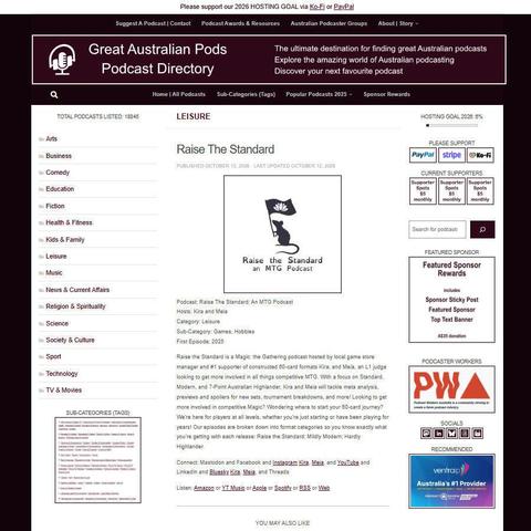 Raise The Standard: An MTG Podcast   
Screenshot of the podcast listing on the Great Australian Pods website