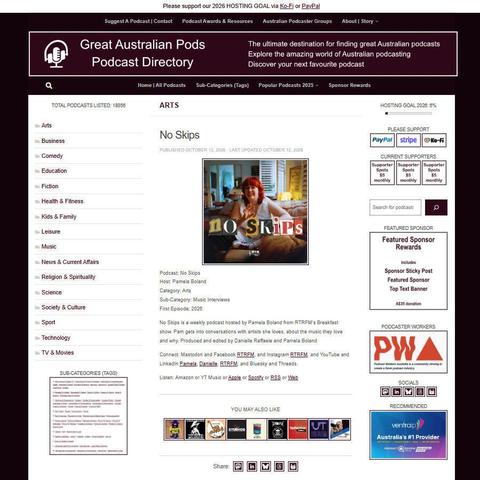No Skips   
Screenshot of the podcast listing on the Great Australian Pods website