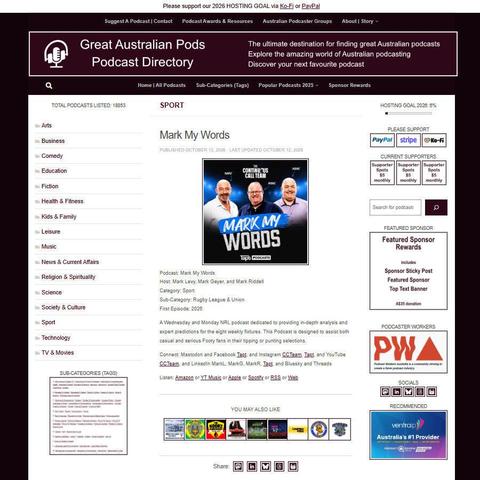 Mark My Words   
Screenshot of the podcast listing on the Great Australian Pods website