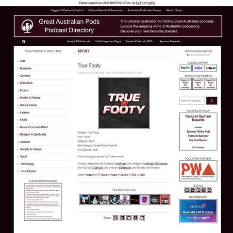 True Footy   
Screenshot of the podcast listing on the Great Australian Pods website
