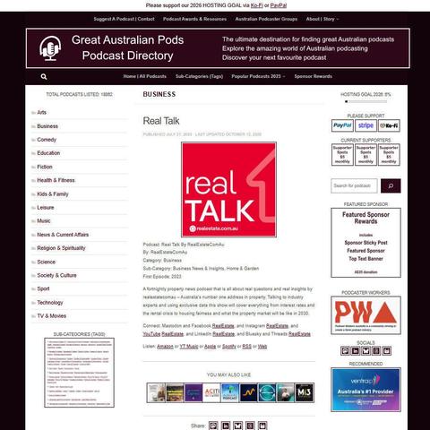Real Talk By RealEstateComAu   
Screenshot of the podcast listing on the Great Australian Pods website