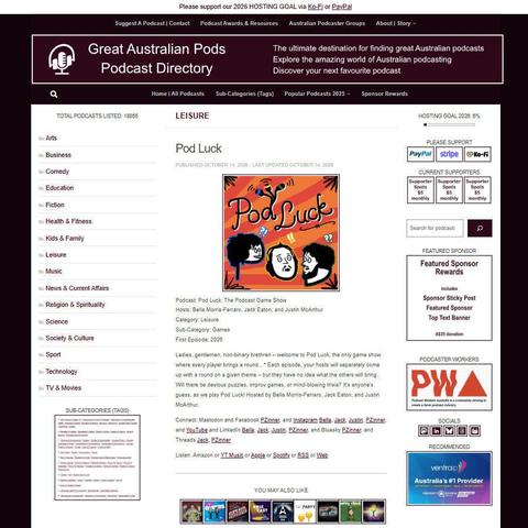 Pod Luck: The Podcast Game Show   
Screenshot of the podcast listing on the Great Australian Pods website