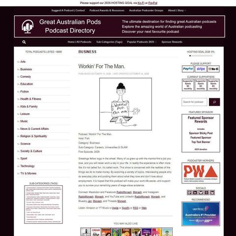 Workin' For The Man.
Screenshot of the podcast listing on the Great Australian Pods website