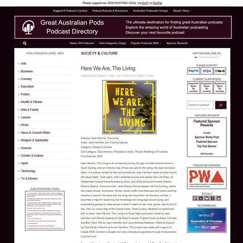 Here We Are, The Living   
Screenshot of the podcast listing on the Great Australian Pods website