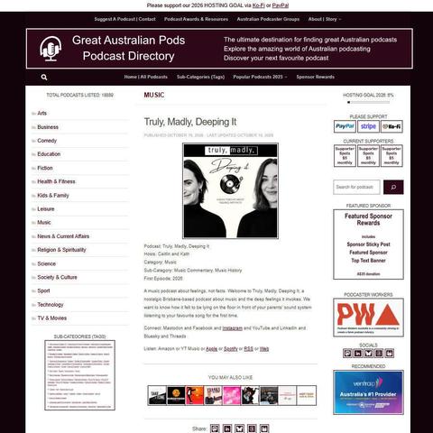 Truly, Madly, Deeping It   
Screenshot of the podcast listing on the Great Australian Pods website