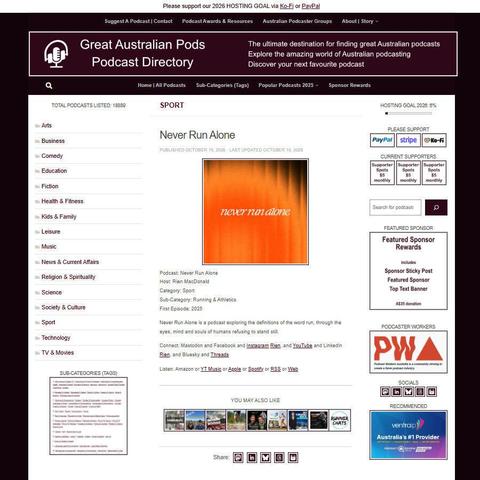 Never Run Alone   
Screenshot of the podcast listing on the Great Australian Pods website